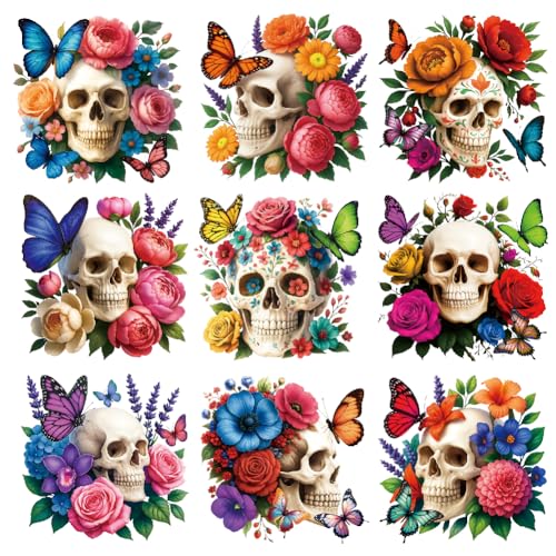 SUPERDANT 9 Stück Bügelbilder Wärmeübertragung Patches Mit Totenkopf Und Flowersnmotiv Schmetterlings Wärmeübertragungsaufkleber DIY Bügelbilder für Textilien Für Kleidung T Shirts Rucksäcke Taschen von SUPERDANT