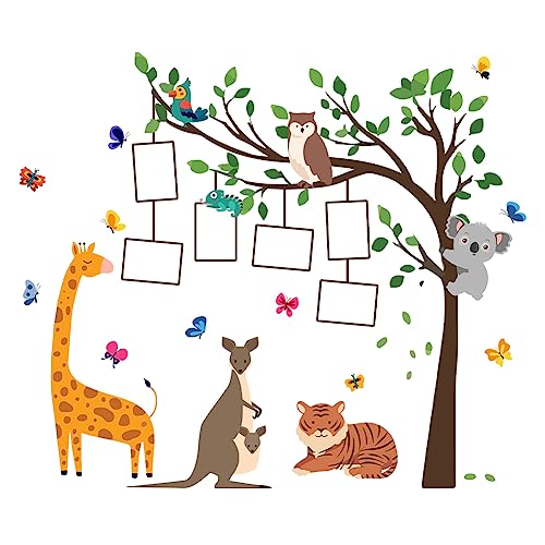 SUPERDANT Bunte Tierfamilien Wandaufkleber Baum Mit Hängenden Bilderrahmen Abziehen Und Aufkleben Giraffe Tiger Känguru Aufkleber Für Kinderzimmer Kinder Spielzimmer Schlafzimmer Wohnzimmer von SUPERDANT