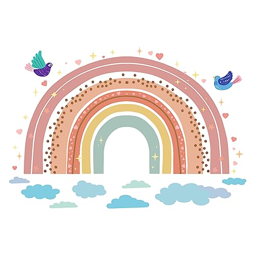 SUPERDANT Cartoon Boho Regenbogen Wandsticker Vögel Wandaufkleber Buntes Regenbogen Herz Vinyl Wandsticker Tapete Regenbogen Wandtattoo Für Mädchen Baby Kinderzimmer Schlafzimmer Spielzimmer Heim von SUPERDANT