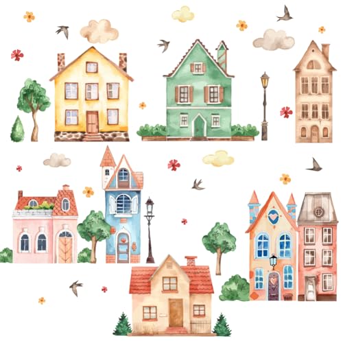 SUPERDANT Gartenhaus Wandsticker Aquarell Haus Wandaufkleber Baum Gras Vinyl Wandsticker Vögel Wolken Wandtattoo Hausdekor Für Schlafzimmer Kinderzimmer Wohnzimmer Spielzimmer von SUPERDANT