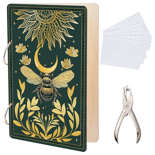 SUPERDANT Grußkarten Organizer Mit Bienen Sonnen Mondmotiv Aufbewahrung Für Geburtstagskarten Halter Für Hochzeits Urlaubskarten Holzordner Geschenk Hülle Mit 2 Ring Und Locher Und 20 Taschen von SUPERDANT