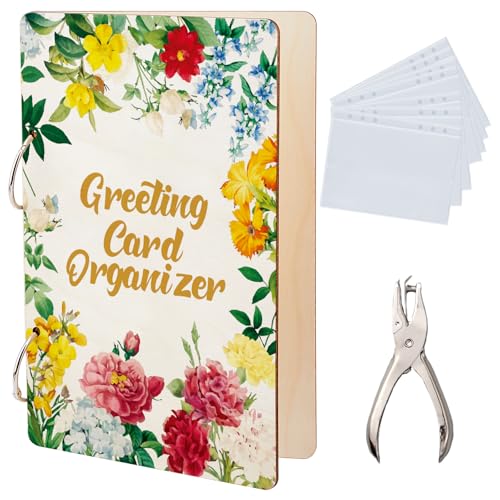 SUPERDANT Grußkarten Organizer Mit Grünen Blättern Kartenhalter Für Hochzeitstagebücher Kartenhalter Für Planerkarten Grünen Blättern 2 Ring Aus Holz Mit Locher Und 20 Innentaschen von SUPERDANT