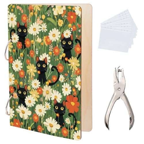 SUPERDANT Grußkarten Organizer Mit Schwarzer Katze Blumen Grußkartenordner Cartoon Kartenhalter Aus Holz 2 Ring Postkartenalbum Für Geburtstage Und Hochzeiten Mit Locher Und 20 Taschen von SUPERDANT