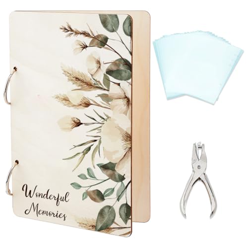 SUPERDANT Grußkarten Organizer Set Mit Blumen Und Blättern Wundervolle Erinnerungen Blumen Kartenhalter Aus Holz Ordnerhalter Buch Mit 2 Ring 20 Innentaschen Und Locher Für Geburtstage Und Hochzeiten von SUPERDANT