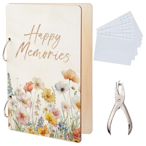 SUPERDANT Happy Memories Grußkarten Organizer Aquarellblumen Grußkarten Organizer Aus Holz Ordner Mit 2 Ring Postkartenalbum Für Geburtstage Und Hochzeiten Mit Locher Und 20 Taschen von SUPERDANT