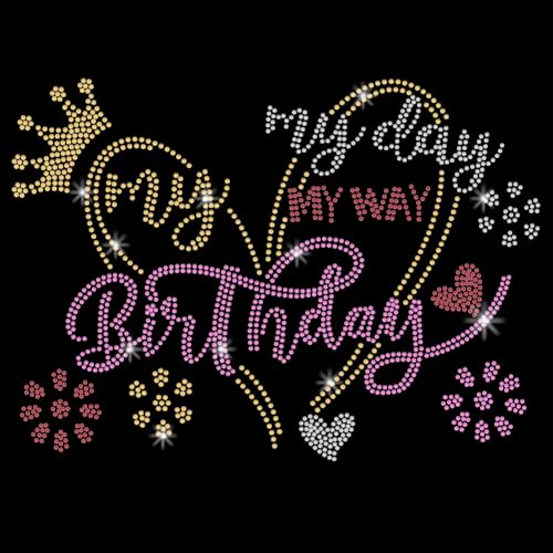 SUPERDANT Kristall Strass Applikation Mein Geburtstag Zum Aufbügeln DIY Transfer Bunt Glitzernd Strass Textdekoration Für T Shirt Tasche Kissen Jacken 29.7x21cm von SUPERDANT