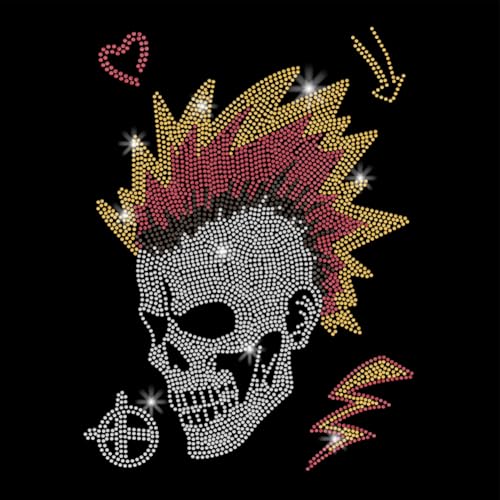 SUPERDANT Punk Totenkopf Kristall Strass Aufbügler Applikation DIY Transfer Buntes Glitzer Stras Muster Dekoration Für T Shirts Taschen Kissen Jacken 29.7x21cm von SUPERDANT