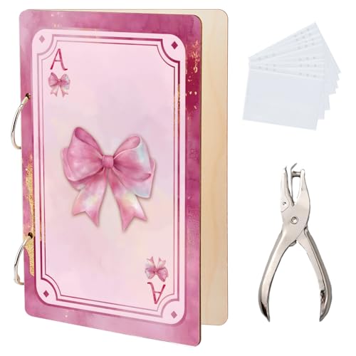 SUPERDANT Rosa Spielkarten Organizer Mit Schleifen Rosa Adretter Kartenhalter Aufbewahrung Für Geburtstagskarten Holzordner 2 Ring Abdeckung Mit Locher Und 20 Taschen von SUPERDANT
