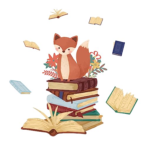 SUPERDANT Wandsticker Zum Lesen von Büchern Fuchs Und Blumentier Wandaufkleber Zum Abziehen Und Aufkleben Magische Farbenfrohe Schöne Vinyl Wandsticker Für Das Kinderzimmer Klassenzimmer Dekorieren von SUPERDANT