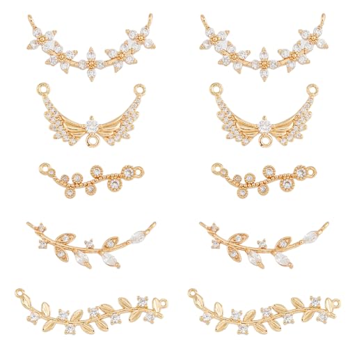 SUPERFINDINGS 10 Stück 5 Stile Messing Klare Zirkonia Verbindungen Hellgoldene Strasssteine Charms Engelsflügel Olivenzweig Blumenanhänger Mit Doppellochverbindern von SUPERFINDINGS