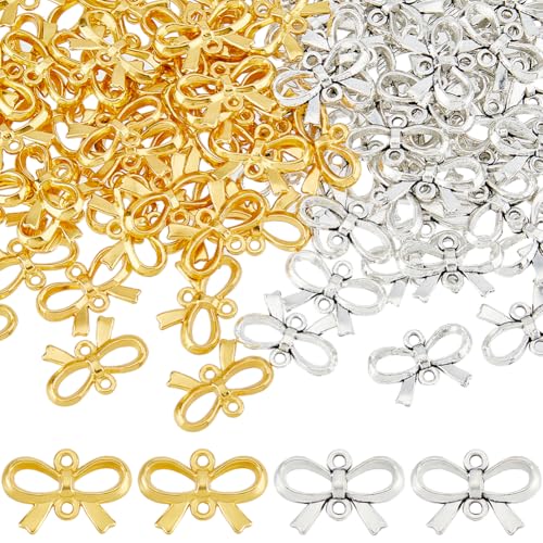 SUPERFINDINGS 100 Stück 2 Farben Schleife Anhänger Bulk Bowknot Charms Antik Silber Golden Schleife Verbinder Charms Legierung Link Verbinder Anhänger Für DIY Schmuckherstellung von SUPERFINDINGS