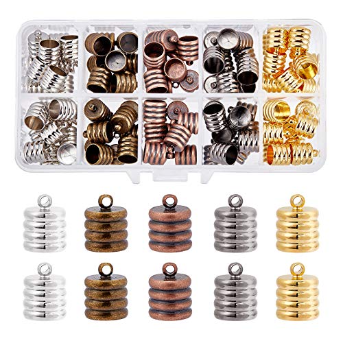 SUPERFINDINGS 100Pcs 5Colors Messing Cord Column Ends Cap Einklebende Endkappe Leder Cord Findings Kit Für DIY Kumihimo Schmuck Quaste Armband Halskette 13x10mm von SUPERFINDINGS