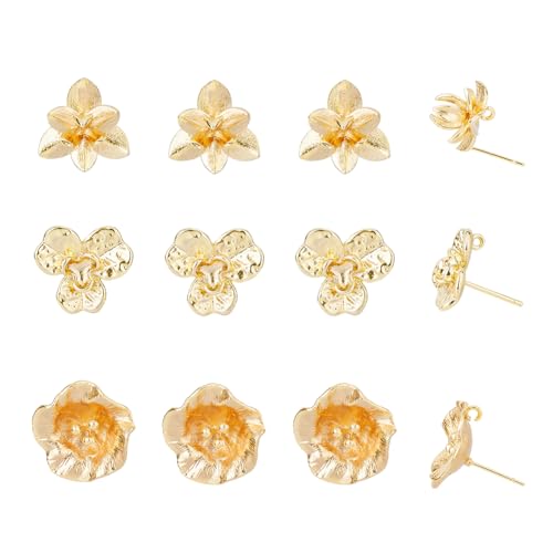 SUPERFINDINGS 12 Stück 3 Stile Messing Ohrstecker Mit Ösen 18 Karat Vergoldete Blumen Ohrstecker Und 30 Stück Kunststoff Ohrmuttern Hypoallergene Ohrstecker von SUPERFINDINGS