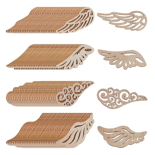 SUPERFINDINGS 120 Stück 4 Stile Weihnachten Holz Engelsflügel Handgefertigte Holzflügel Chip Gefiedert Unlackierte Holzspäne Handwerk für DIY Dekorative Wandkunst Ausschnitte Geschenk Leben Baum von SUPERFINDINGS