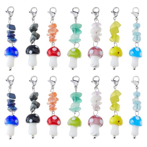 SUPERFINDINGS 14 Stück 7 Farben Edelstein Chips Anhänger Clip On Charms Stein Anhänger Dekoration Reißverschluss Charms Stein Chip Pilz Anhänger Für Schlüsselbund Rucksack von SUPERFINDINGS