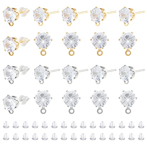 SUPERFINDINGS 16 Paar Ohrstecker Aus Messing Mit Zirkonia Und 40 Ohrmuttern Aus Kunststoff Für Die Herstellung von Ohrringen Und Schmuck Bohrung: 1mm Stift: 0.7mm von SUPERFINDINGS
