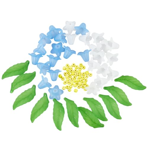 SUPERFINDINGS 160 Stück Acryl Blumenblatt Perlen Tulpenperlen Transparente Blumen Blätter Perlenkappen Blau Weiße Blumen Kunststoffperlen Mit Grünen Blättern Gelbe Stempelperlen Für Schmuckherstellung von SUPERFINDINGS