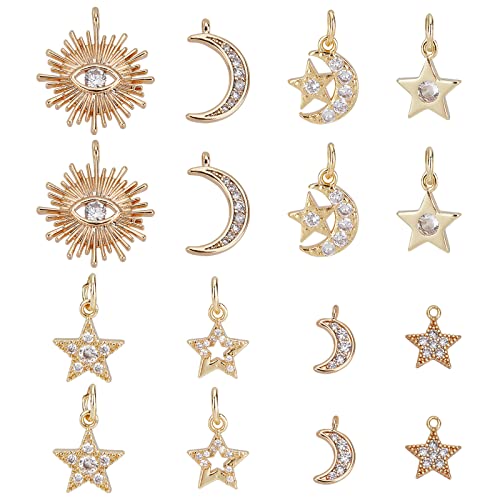 SUPERFINDINGS 16pcs 8 Styles Messing Micro Pave Zirkonia Charms Strass Kristallperlen Anhänger Stern Mond Schmuckzubehör Für Armbänder Halsketten Ohrringe Herstellung von SUPERFINDINGS