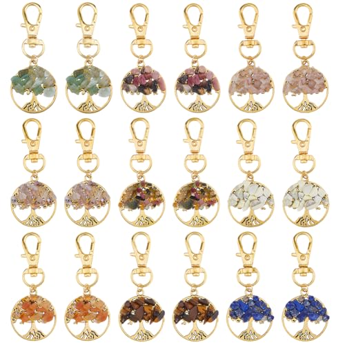 SUPERFINDINGS 18 Stück 9 Farben Schlüsselanhänger Mit Lebensbaum Schlüsselanhänger Aus Natürlichem Edelstein Mit Karabinerverschluss Aus Legierung Handgefertigte Steine Zum Anklipsen Goldener von SUPERFINDINGS