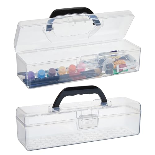 SUPERFINDINGS 2 Stück lange Kunststoff-Bleistift-Box, tragbar, transparent, Aufbewahrungsbox mit Griff, tragbarer Behälter, Malwerkzeug, Aufbewahrungsbehälter für Bleistifte, Marker, Haftnotizen von SUPERFINDINGS