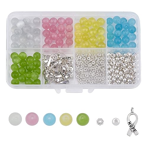 SUPERFINDINGS 245 Teiliges DIY Schmuckherstellungsset Legierungsband Mit Wort Hoffnung Charms Krebsbewusstseins Anhänger 5 Stile Runde Katzenaugen Perlen 2 Stile Legierungs Abstandsperlen von SUPERFINDINGS