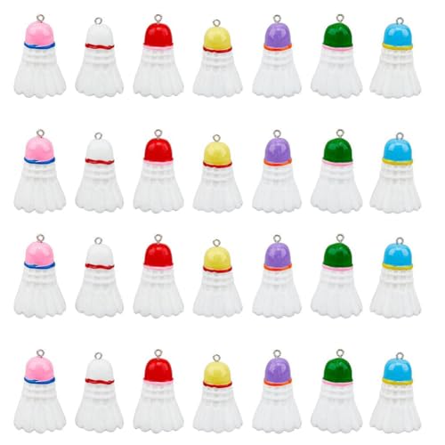 SUPERFINDINGS 28 Stück 7 Farben Undurchsichtiges Kunstharz Badminton Anhänger Sportball Themen Charms Baumelnde Charm Perlen Mit Platinierten Eisenschlaufen Für Die Schmuckherstellung.Loch:2mm von SUPERFINDINGS