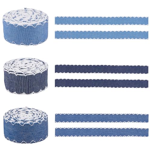 SUPERFINDINGS 3 Rollen insgesamt 7,5 Meter blaues Jeansband, 4 cm breit, Stoffband, Jeans-Stoffbänder, gewellter Rand, dekorative Bänder für Geschenke, Verpackungen, Haare, Nähzubehör von SUPERFINDINGS