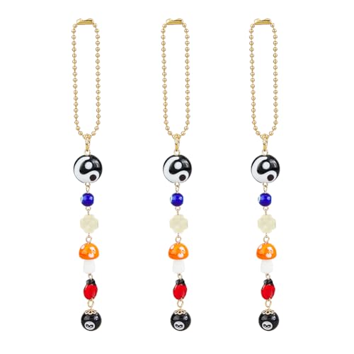 SUPERFINDINGS 3 Stück Böser Blick Auto hängende Ornamente Gute Glückstage Charm Lampwork Perlen Dekor mit vierblättrigem Kleeblatt Marienkäfer 8 Kugeln Pilz Yin Yang Symbo für Auto Rückspiegel Haustür von SUPERFINDINGS