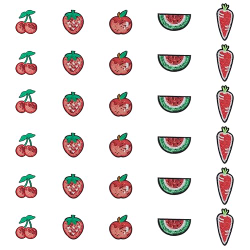 SUPERFINDINGS 30 Stück 5 Stile Obstmotiv Zum Aufnähen Und Aufbügeln Bestickte Patches Apfel Pailletten Patches Erdbeeren Bügelflicken Kostümzubehör Für Jacken Jeans von SUPERFINDINGS
