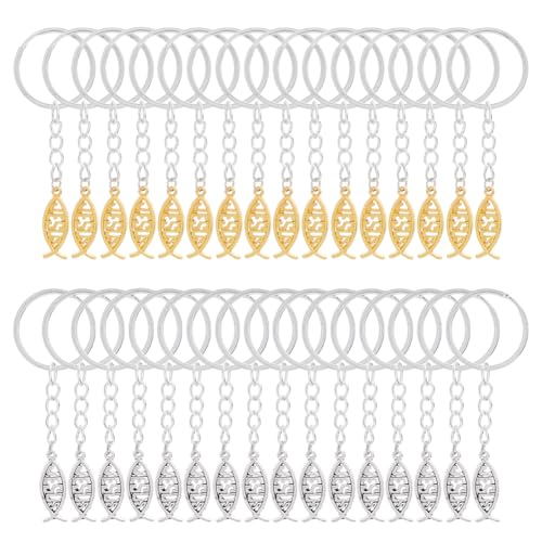 SUPERFINDINGS 32 Stück 2 Farben Legierung Jesus Fisch Schlüsselanhänger Metall Jesus Christlicher Fisch Schlüsselanhänger Christliche Schlüsselanhänger Großpackung Goldene Platin Schlüsselringe von SUPERFINDINGS