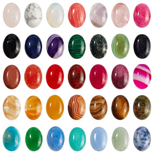 SUPERFINDINGS 35 Stück 35 Stile 18x13x5mm Natürliche Und Synthetische Edelstein Cabochons Ovale Quarz Chakra Stein Schmuck Cabochons Für Ohrring Armband Anhänger Zum Basteln von SUPERFINDINGS