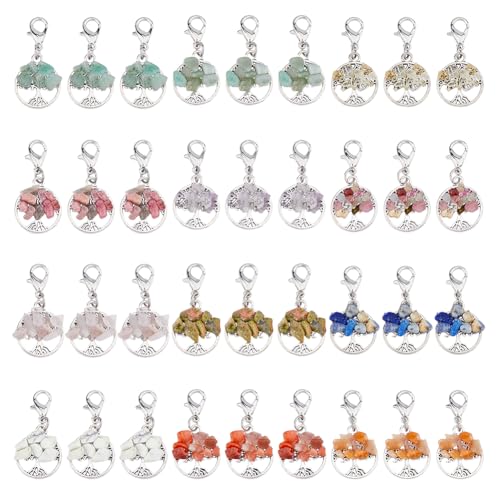 SUPERFINDINGS 36 Stück 12 Stile Lebensbaum Edelsteinanhänger Platin Mischsteinanhänger Mit Karabinerverschluss Rosenquarz Edelsteinanhänger Für Die Herstellung von Schmuck Und Schlüsselanhängern von SUPERFINDINGS