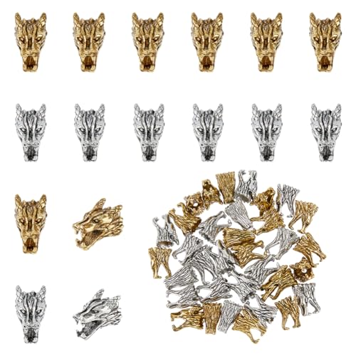 SUPERFINDINGS 36 Stück 2 Farben Drachenkopf Perlen Legierung Drachenkopf Lose Perlen Antik Silber Goldener Schmuck Drachen Abstandshalter Perlen Für DIY Schmuckherstellung von SUPERFINDINGS