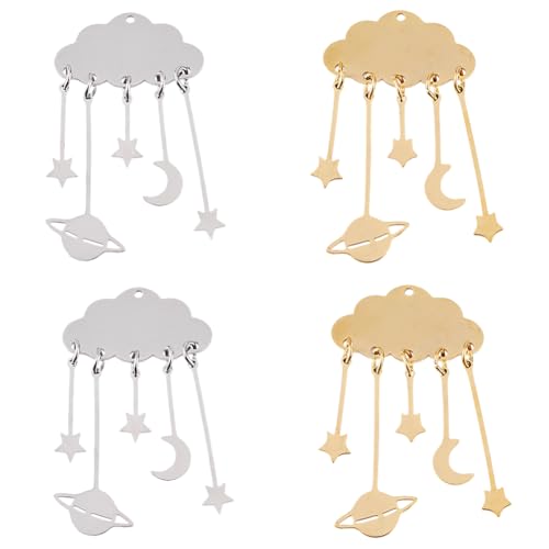 SUPERFINDINGS 4 Stück 2 Farben Wolke Mond Anhänger Charme Gold Silber Edelstahl Charme Wolke Mit Stern Mond Planet Charme Satelliten Charme Weltraum Charme Für Schmuckherstellung von SUPERFINDINGS