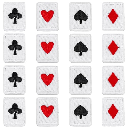 SUPERFINDINGS 48 Stück 4 Stil Spielkarten Aufnäher Polyester Zum Aufbügeln/Aufnähen Poker Applikationen Aufnäher Rot Schwarz Herz Aufnäher Kartenanzüge Diamanten Pik Aufnäher von SUPERFINDINGS