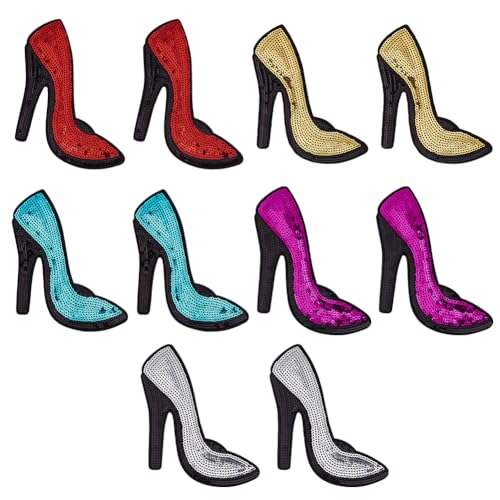 SUPERFINDINGS 5 Paar High-Heel-Stickerei-Flicken zum Aufbügeln oder Aufnähen, handgefertigte Polyester-Tuchapplikation, bestickt, Damenschuhe, Glitzer-Patches für Taschen, Kleider, Jacken, Stoff von SUPERFINDINGS