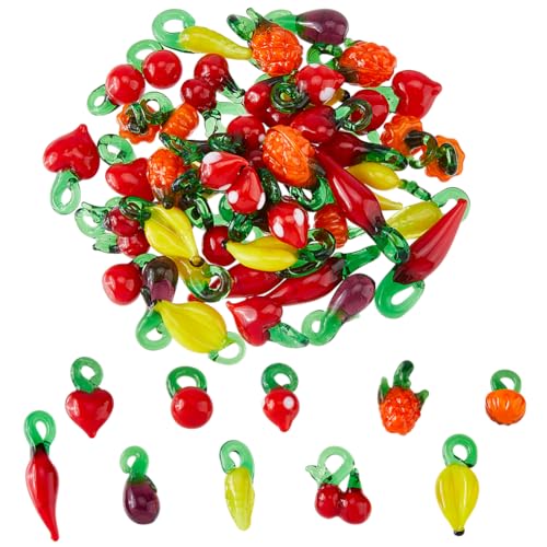 SUPERFINDINGS 50 Stück Obst Gemüse Anhänger 10 Stile 3D Lampwork Glasperlen Anhänger Chili Paprika Tomaten Kirsch Anhängers Für DIY Halskette Armband Ohrringe Schmuckherstellung von SUPERFINDINGS