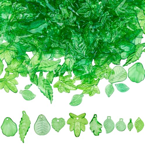 SUPERFINDINGS 500 Stück 10 Stile Grüne Acryl Blatt Perlen Charms Transparente Blätter Charms Grüne Blatt Perlen Pflanzen Anhänger Acryl Anhänger Bohrung: 1.2 2mm von SUPERFINDINGS