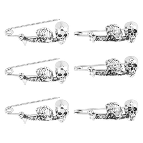 SUPERFINDINGS 6 Stück Totenkopf Sicherheitsnadel Gothic Punk Sicherheitsnadel Antik Silber Große Sicherheitsnadeln Brosche Legierung Kiltnadeln Skelett Brosche Für Kleidung Schal Rucksack Rock von SUPERFINDINGS