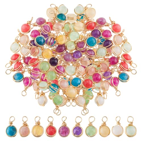 SUPERFINDINGS 60 Stück 10 Farben Naturstein Anhänger Runde Anhänger Quarzkristall Stein Anhänger Perlen Anhänger Mit Gold Kupferdraht Umwickelte Anhänger Für Die DIY Schmuckherstellung von SUPERFINDINGS
