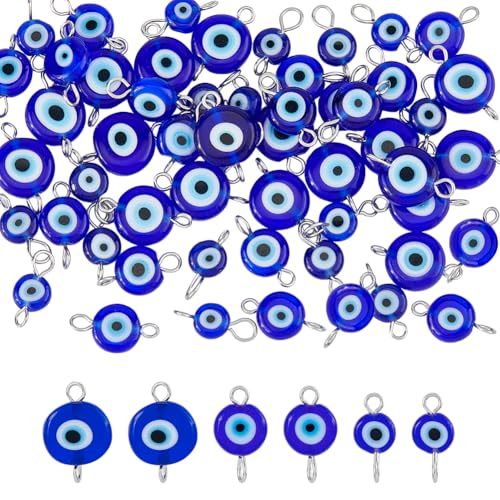 SUPERFINDINGS 60 Stück 3 Größen Böse Augen Verbinder Charms 6/8/10MM Böser Blick Anhänger Mit 2 Löchern Türkisch Blauer Augen Charm Flacher Böser Blick Perlen Anhänger Zum Basteln von SUPERFINDINGS