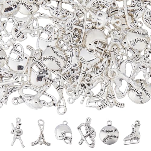 SUPERFINDINGS 60 Stück 6 Stile Silber Hockey Charms Legierung Baseball Sport Charms Ball Anhänger Tibetische Silber Metall Charms Für Die DIY Schmuckherstellung von SUPERFINDINGS