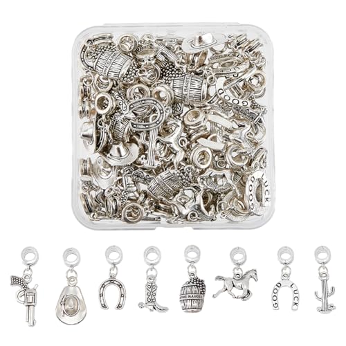SUPERFINDINGS 64 Stück 8 Stile Cowboy Themen Charms - Hufeisen, Pferd, Kaktus - Tibetischer Stil Legierungsanhänger Mit Großem Loch - Antikes Silber Baumelnde Anhänger von SUPERFINDINGS