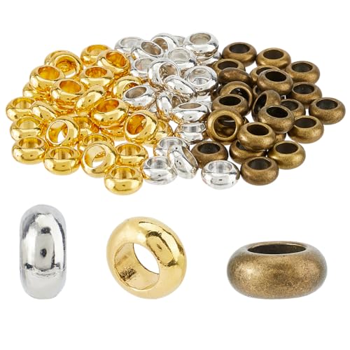 SUPERFINDINGS 90 Stück 3 Farben Große Loch Abstandsperlen 10mm Rondell Einsatz Silikon Abstandsperlen Tibetischer Stil Legierung Europäische Perlen Zur Schmuckherstellung Bohrung: 5.5mm von SUPERFINDINGS