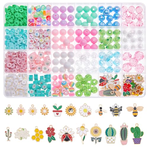 SUPERFINDINGS 940 Teiliges Schmuckherstellungsset Mit Blume Inklusive Crackle Perlen Polymer Clay Perlen Blumen Buchstaben Perlen Und Sonnenblume Kaktus Bienen Emaille Charms von SUPERFINDINGS