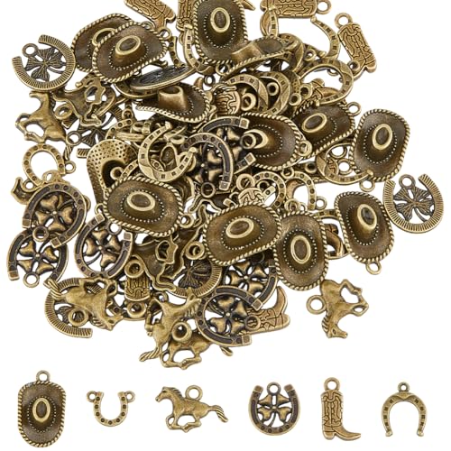SUPERFINDINGS 96 Stück 6 Stile Cowboy Anhänger Mit Western Motiv Antike Bronze Cowboy Stiefelhut Anhänger Tibetische Legierung Pferdehut Anhänger Für Die DIY Schmuckherstellung von SUPERFINDINGS
