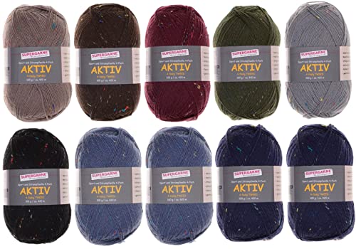 SUPERGARNE Sockenwolle AKTIV 4-fädig von 10x100g Paket „TWEED“, mehrfarbig tweed von SUPERGARNE