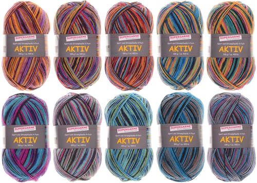 SUPERGARNE Sockenwolle Aktiv 4-fädig – 1000 g (10x100g), Strapazierfähig, Maschinenwaschbar, Made in Italy, Ideal für Socken und Strickprojekt (Africa III.) von SUPERGARNE