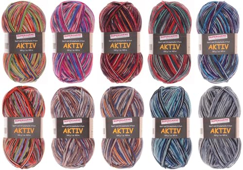 SUPERGARNE Sockenwolle Aktiv 4-fädig – 1000 g (10x100g), Strapazierfähig, Maschinenwaschbar, Made in Italy, Ideal für Socken und Strickprojekt (PERU II.) von SUPERGARNE