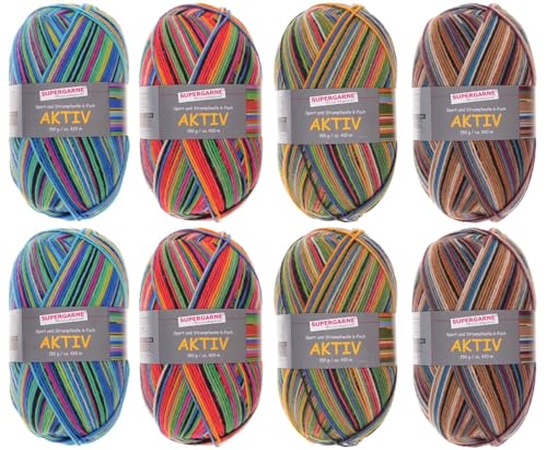 SUPERGARNE Sockenwolle Aktiv 6-fädig - 1200 g (8x150g), Strapazierfähig, Maschinenwaschbar, Made in Italy, Ideal für Socken und Strickprojekt (PERU) von SUPERGARNE